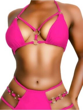 EJsoyo Sexy Hot Pink Cheeky 2 Piece Bikini with Silver Ring Detail
